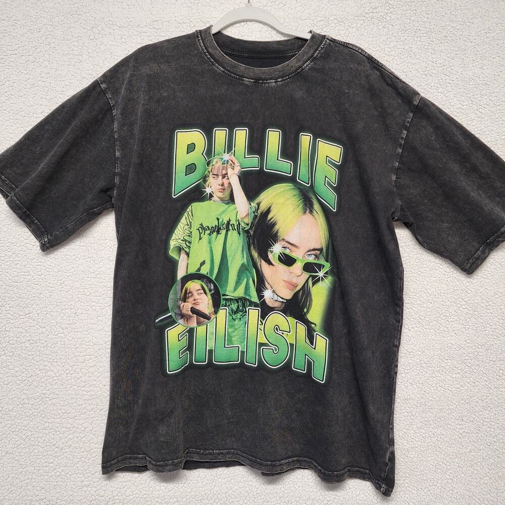 Billie Eilish Graphic T-shirt Size L/XL Black Acid Wash 100% Cotton Relaxed Fit